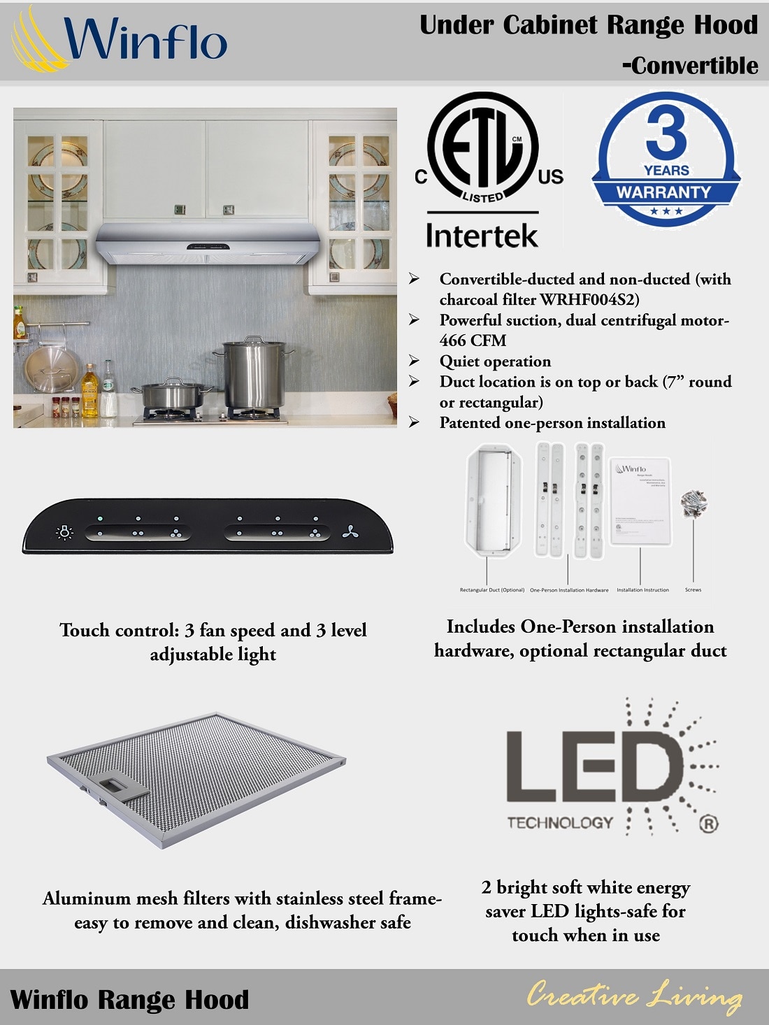 Winflo 30 in. 480 CFM Convertible Under Range Hood in Stainless Steel with Mesh